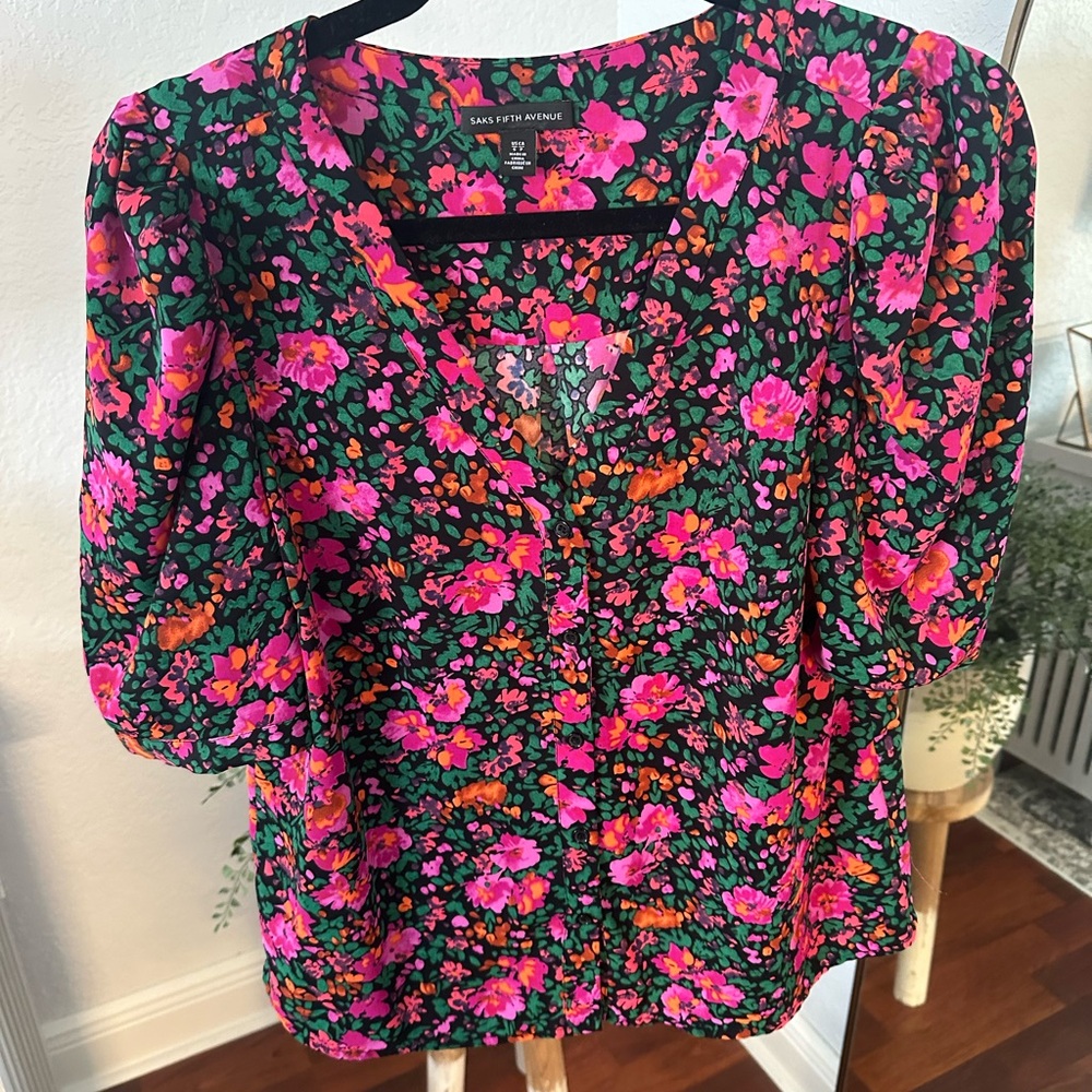 Saks Fifth Avenue Pink Flutter Sleeve Blouse with Mandarin Collar